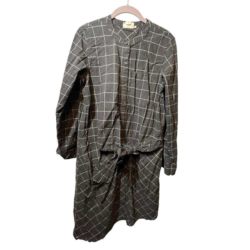 pureDKNY Gray Windowpane Tie Front Long Sleeve Shirt Dress Size‎ M